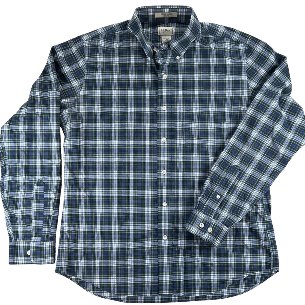 LL Bean Scotch Plaid Flannel Shirt Mens L‎ Button-Down Wrinkle Free Slim Fit